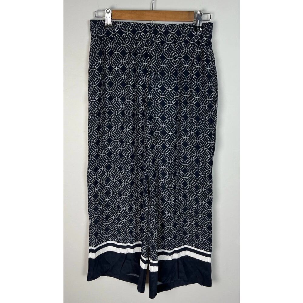 Ecru 100% Silk Navy Geometric Print Wide Leg Pants Women’s Size S Elastic Waist